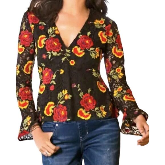 Alexia Admor Floral Embroidered Lace V-neck Black Blouse Top. Size S - Picture 1 of 8